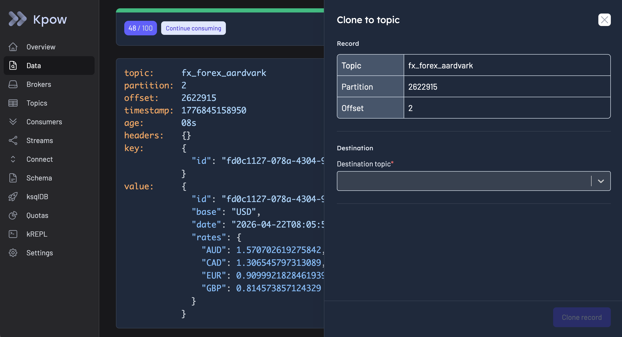 Clone to topic form for an Data Inspect result