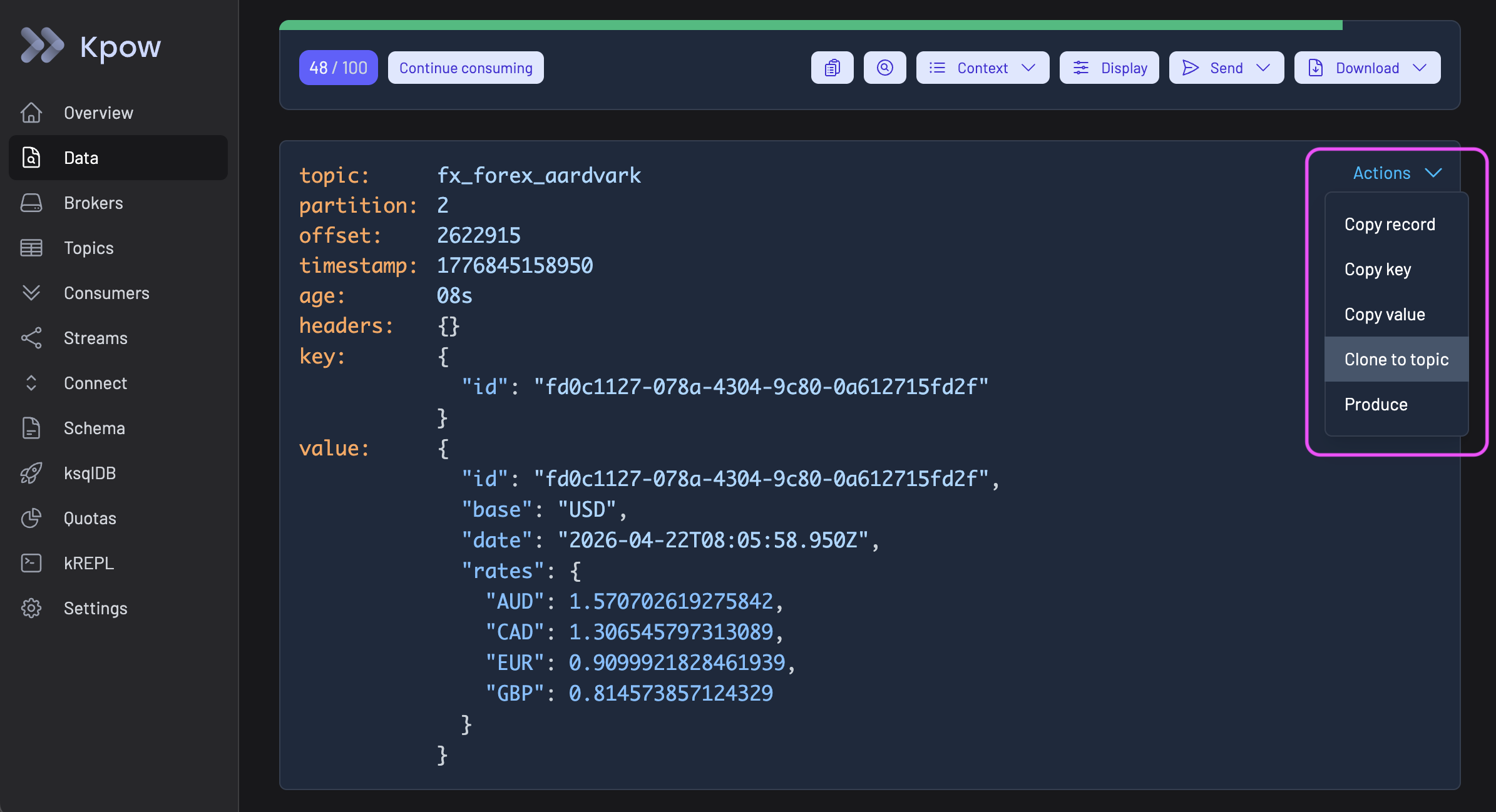 Data Inspect result with its Actions menu open and highlighted