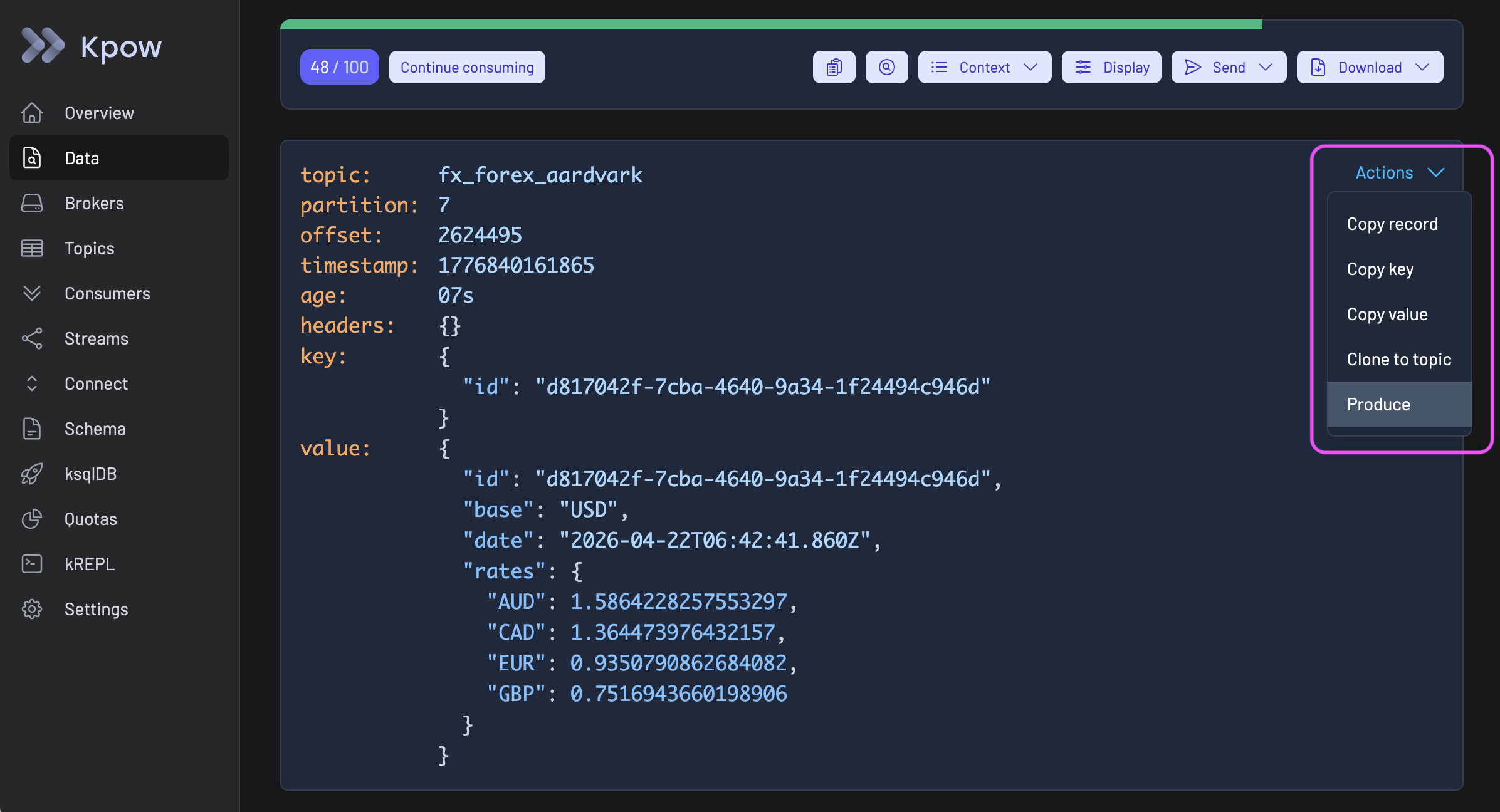 Screenshot of the "Actions" menu highlighted on an indiviual Data Inspect result