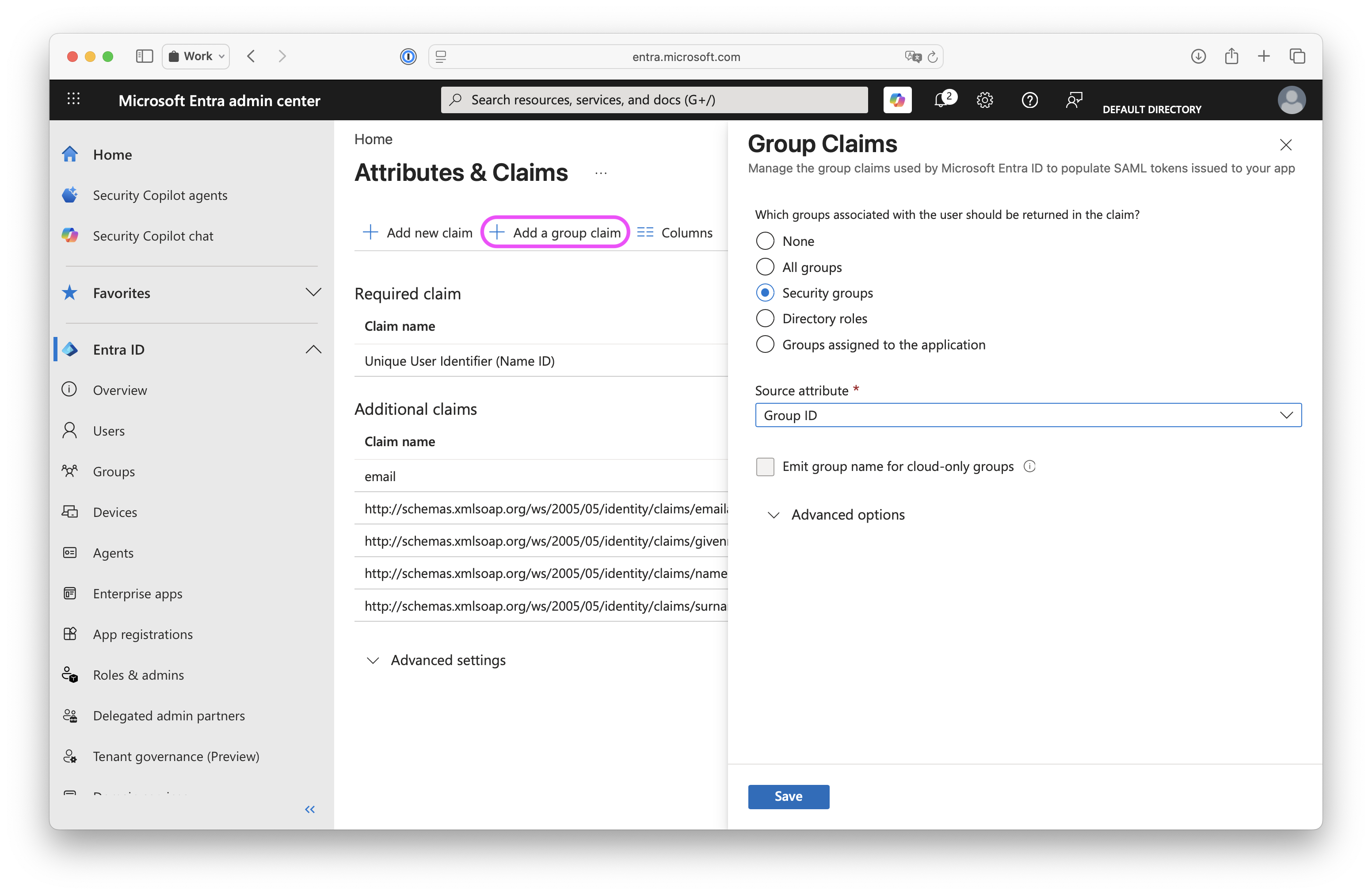 Screenshot of adding a group claim within the Microfost Entra admin center with the "Add a group claim" button highlighted