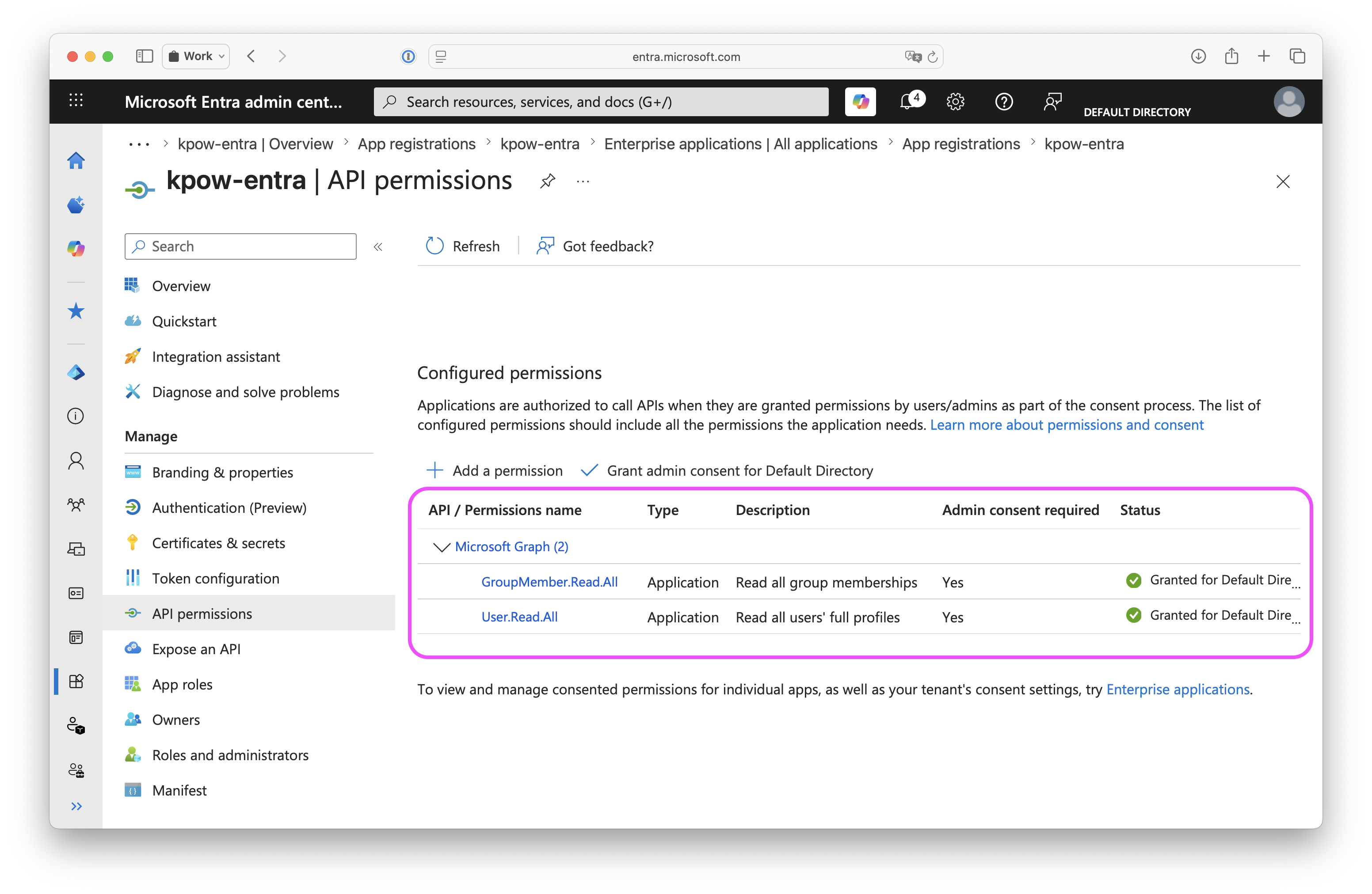 Screentshot of an Entra Enterprise app's regitration's API permissions showing the User.Read.All and GroupMember.Read.All permissions both having been granted