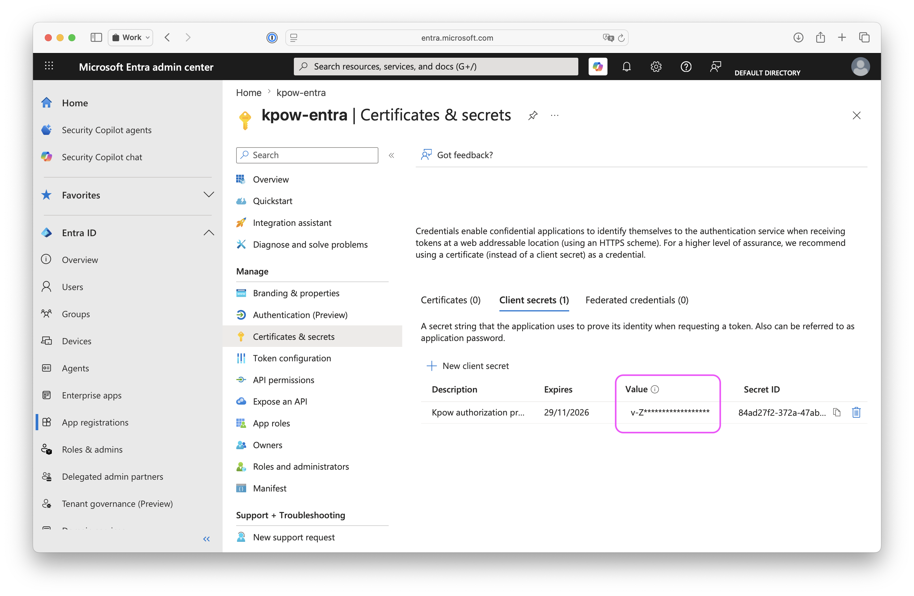 Screentshot of an Entra Enterprise app's regitration's Certificates & secrets