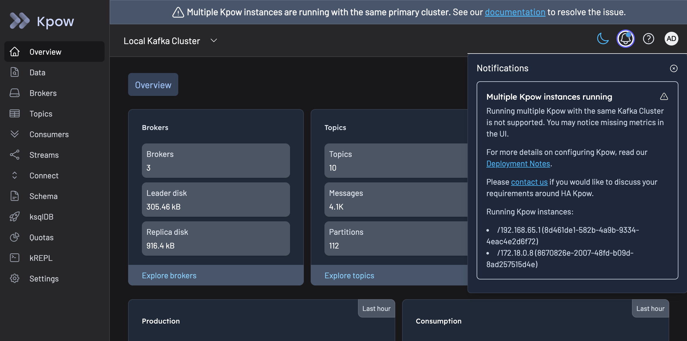 Multiple Kpow instances running notification in Kpow