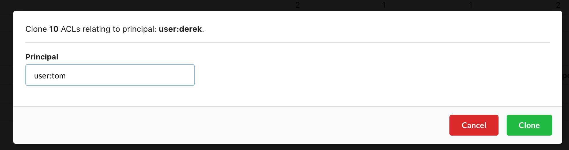 Cloning user:derek's ACLs to user:tom