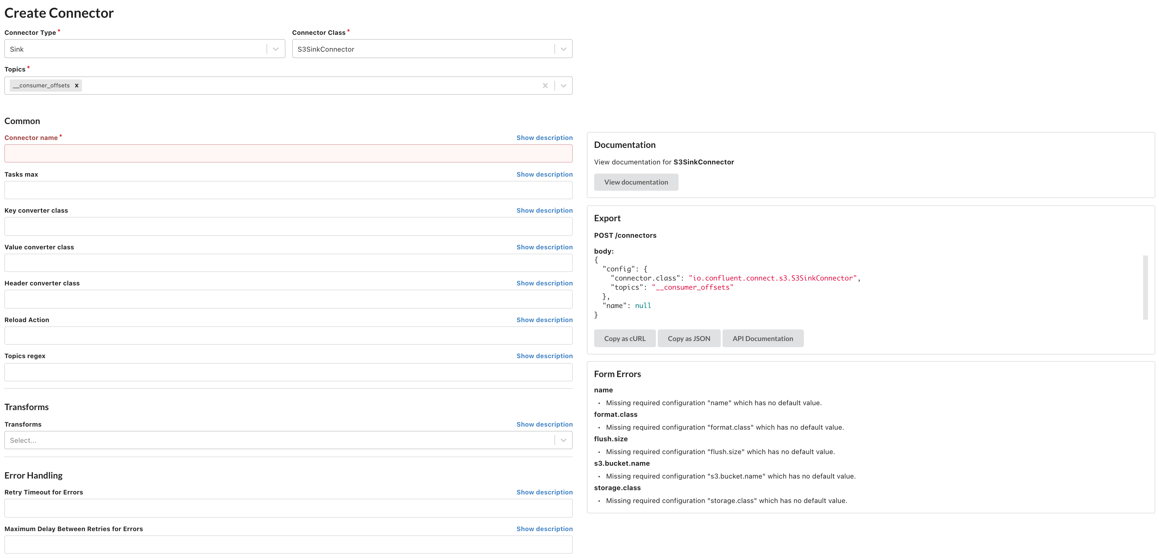 Create Connector form at a glance