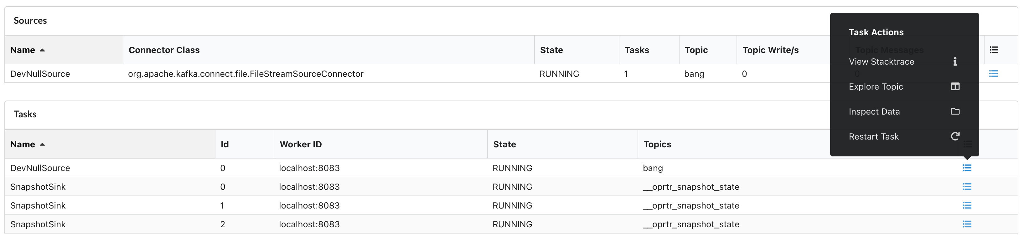 Connect task actions available