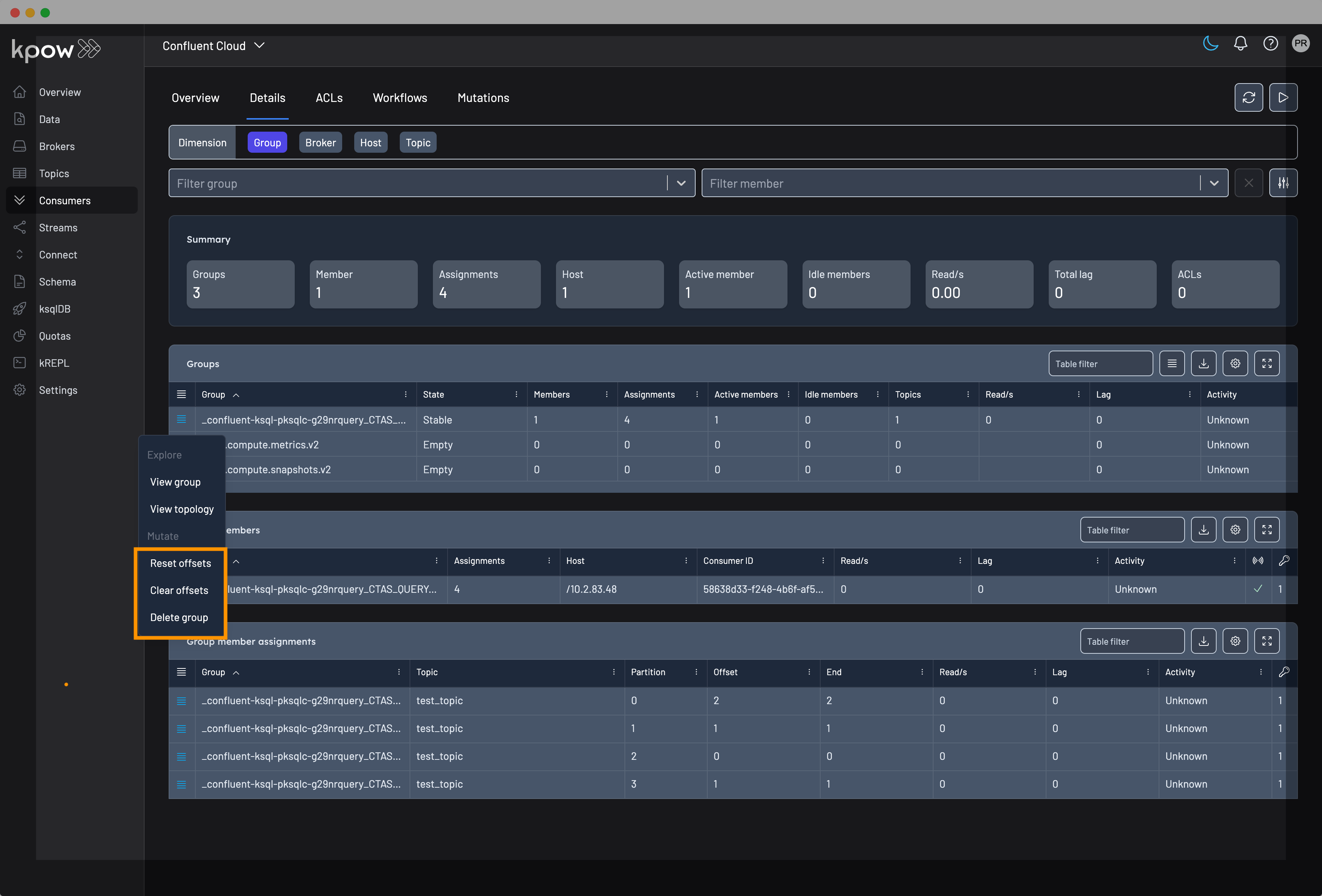 Consumer group detail actions